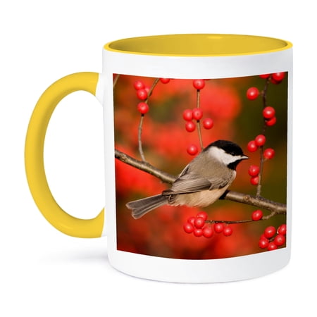3dRose, Carolina Chickadee on Common Winterberry, bush, Marion Co. IL, 11oz Two-Tone Yellow Mug