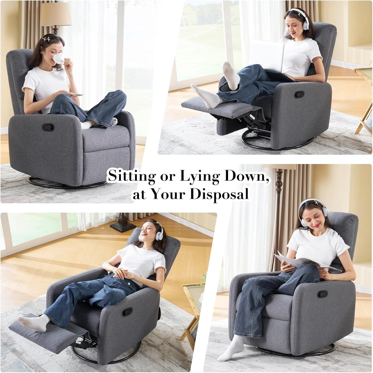 Jocisland Swivel Glider Rocking Recliner Chair for Adults, Nursery Rocker Reclining,  Upholstered Single Sofa Armchair for Living Room Bedroom Nursing, Linen Gray