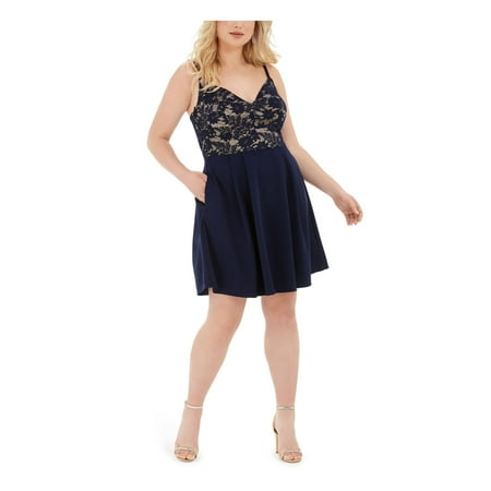B DARLIN Womens Navy Lace Zippered Scuba Spaghetti Strap V Neck Short Party Fit + Flare Dress Plus 18W