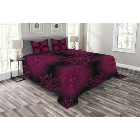Purple Mandala Bedspread Set, Psychedelic Stylized Digital Ethnic with Baroque Rococo Indie Design, Decorative Quilted Coverlet Set with Pillow Shams Included, Maroon Magenta, by