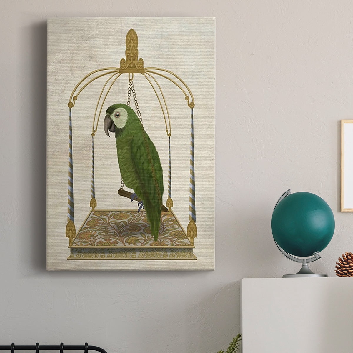 Green Parrot on Swing Premium Gallery Wrapped Canvas - Ready to Hang