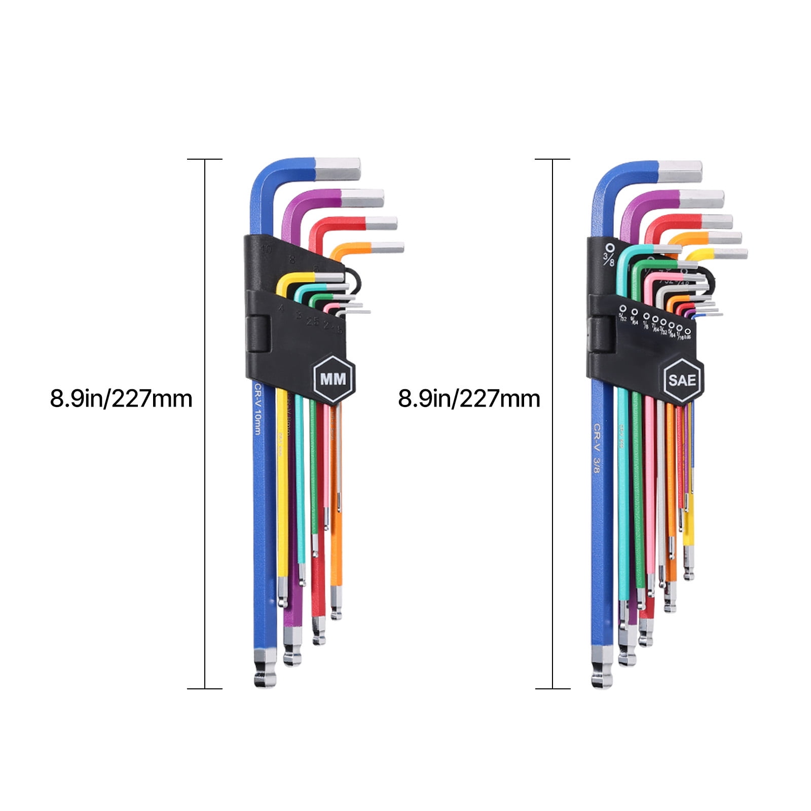 KFFKFF Hexagonal Key Wrench Kit, Set of 22, SAE (0.050-3/8 in) and Metric (1.5-10 mm), Color-Coded Wrench Sets with Ball End, Extended Arm L-Shape Hex Key for Bike, Home, Car Maintenance
