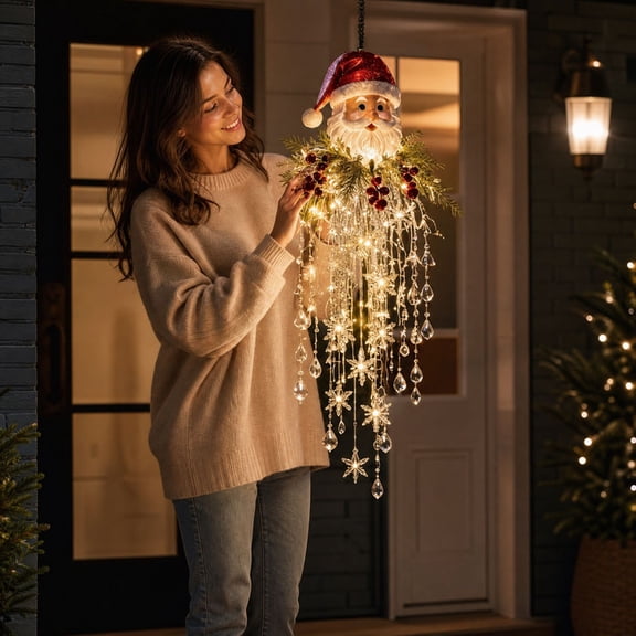 Santa Claus Waterfall Style LED Hanging Light, Christmas Porch Display Decoration, for Wall, Doorway and Home Displays, Decorative Lighting Accent for Evening Arrangements and Holiday Celebrations