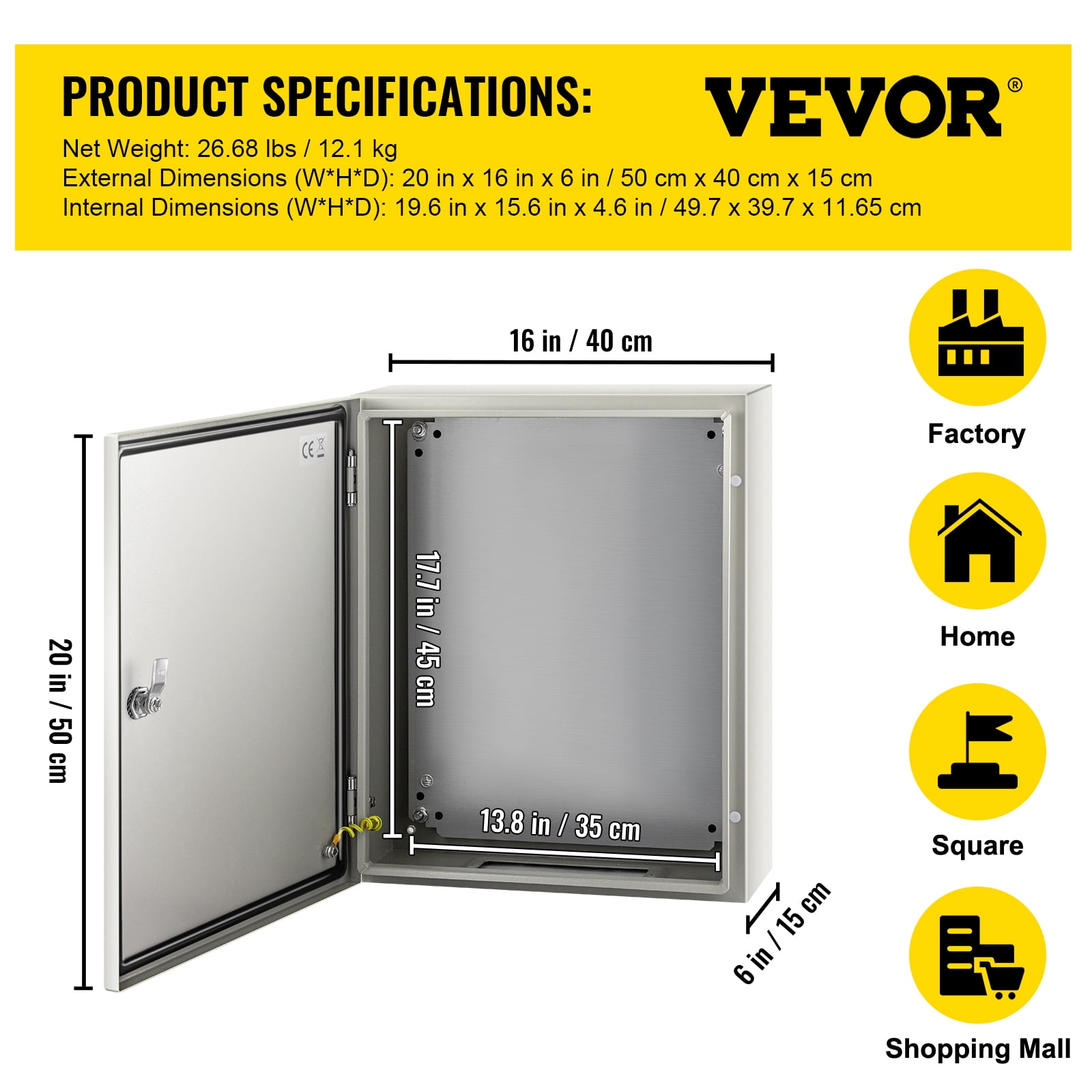 VEVOR NEMA Steel Case, 20x16x6'' NEMA 4X Metal Electric Enclosure, IP66 Water & Dust Resistant, Suitable for Both Outdoor/Indoor Use, Includes Mounting Plate