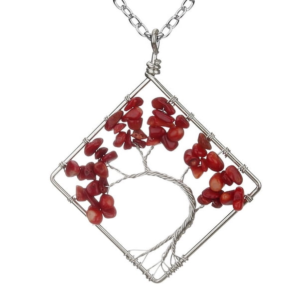 Zhuge Collar con colgante de árbol de la vida, collares, collar con colgante de árbol de la vida cuadrado curvo de piedra natural de colores enrollado a mano (rojo)