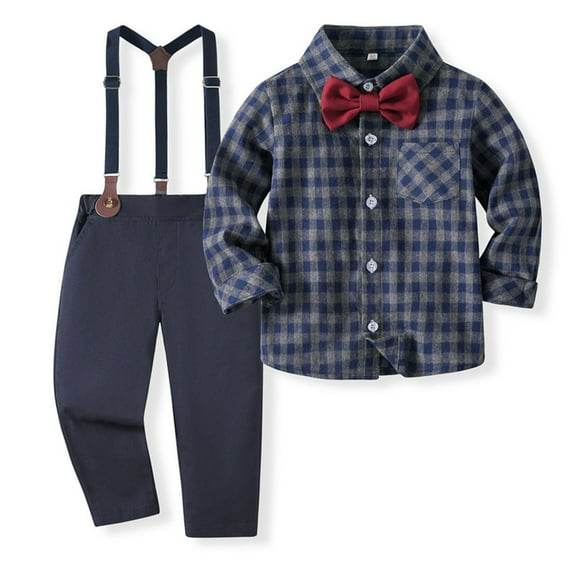 Odeerbi Toddler Boys Outfits Plaid Cotton Gentleman Formal Dress Suit Children Lattice Long Sleeves Flip Collar Bow Dress Shirt Waistcoat Overall Pants Set Toddler Clothes Navy