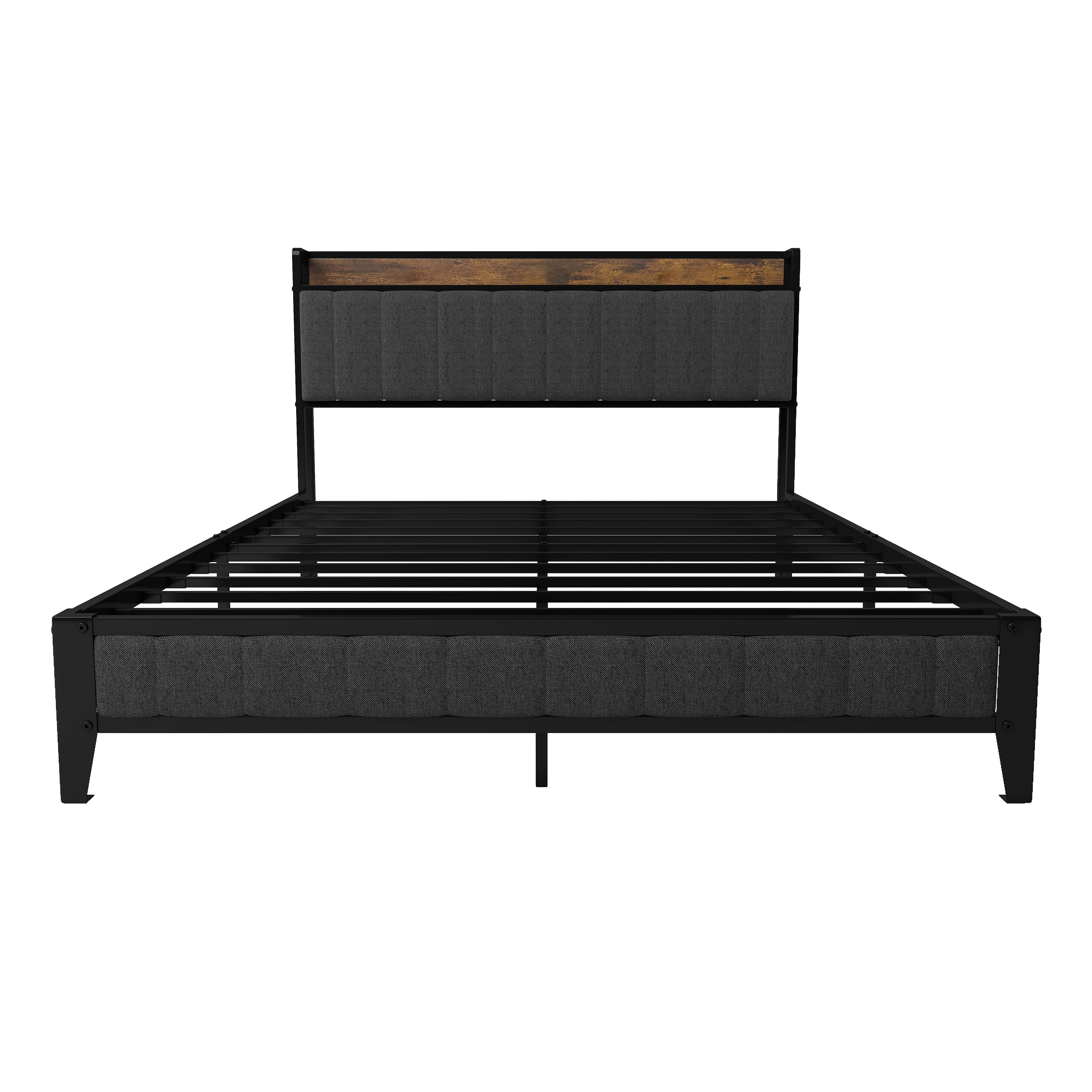 US Queen Size Bed Frame Charging Station Upholstered Headboard Metal Platform