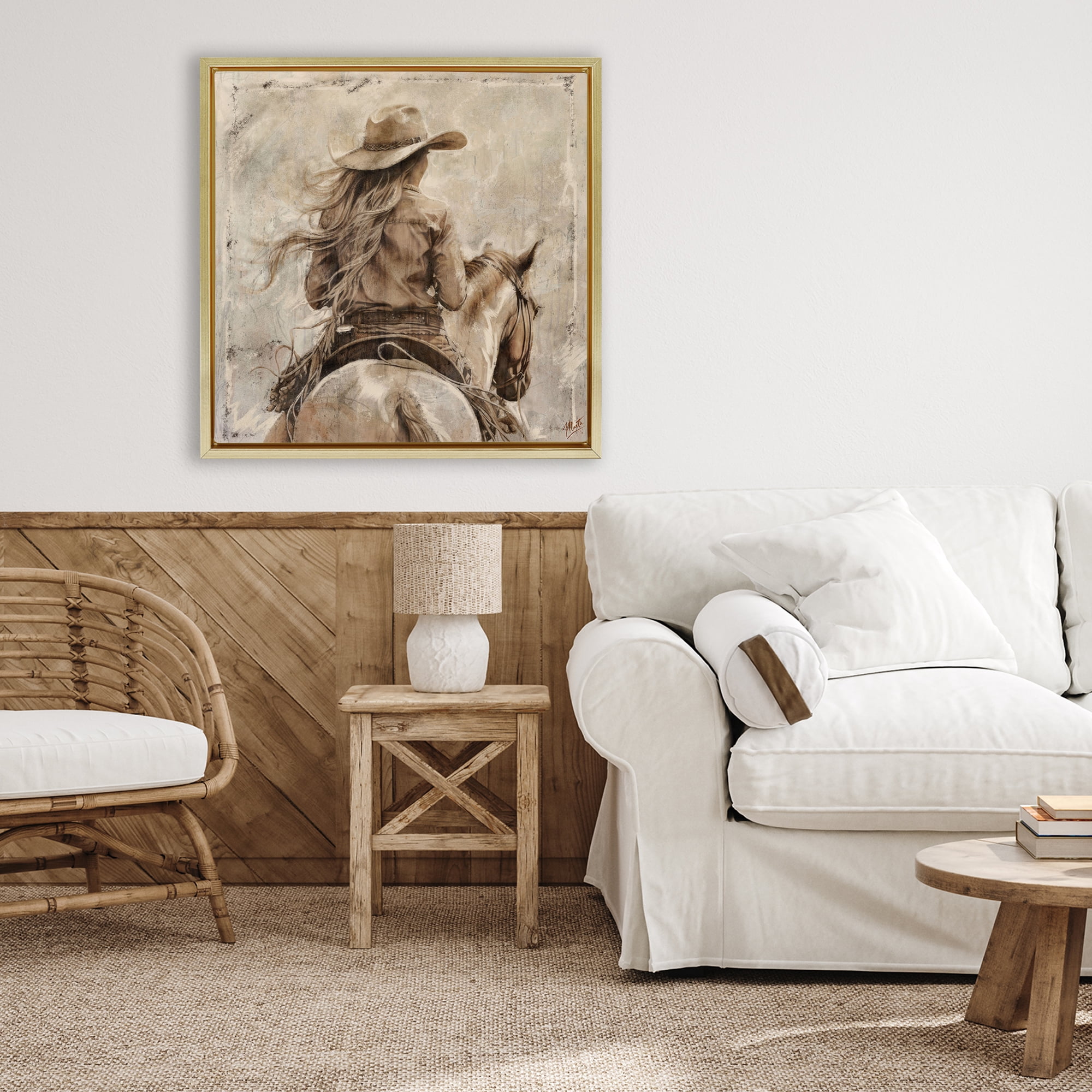 Stupell Industries Windblown Cowgirl on Horseback Gold Framed Floater Canvas Wall Art, design by Marta Wiley