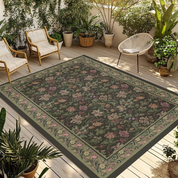 Sage Green Floral Boho Outdoor Rug for Patio/Deck/Porch, Non-Slip Large Area Rug 6 x 9 Ft, Ethnic Tribe Abstract Art Flower Indoor Outdoor Rugs Washable Area Rugs, Camping Rug Carpet Runner