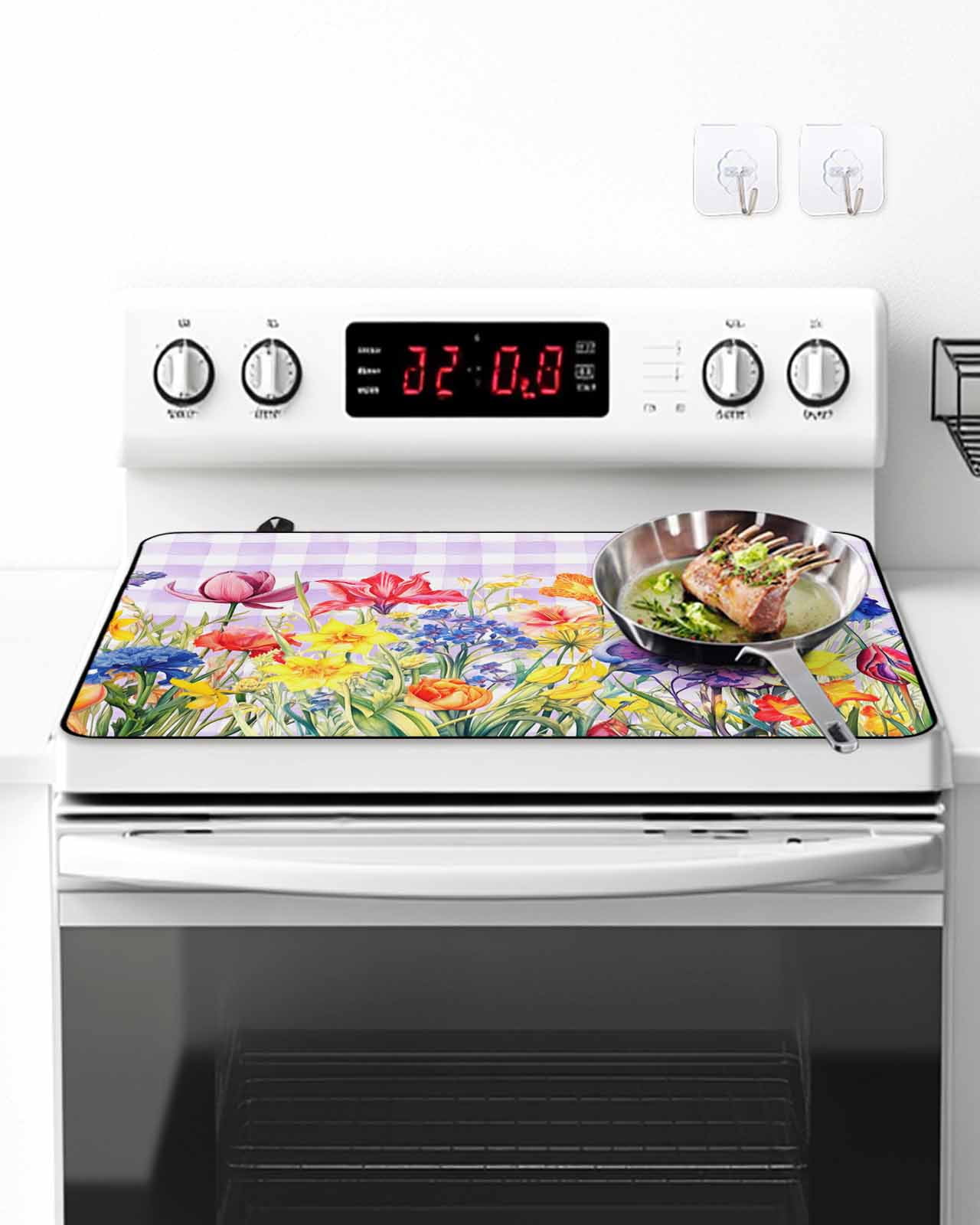 Stove Top Covers for Electric Stove, Purple Plaid Tulip Glass Stovetop Cover Protector, Spring Floral Watercolor Botanical Induction Cooktop Protector Oven Mat for Kitchen Countertop 24"x21"