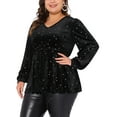 thumbnail image 4 of Blusas de mujer de tallas grandes Agnes Orinda, de terciopelo, con cuello en V, de manga larga, brillantes, con estrellas metálicas doradas, 3X, negras, 4 of 6
