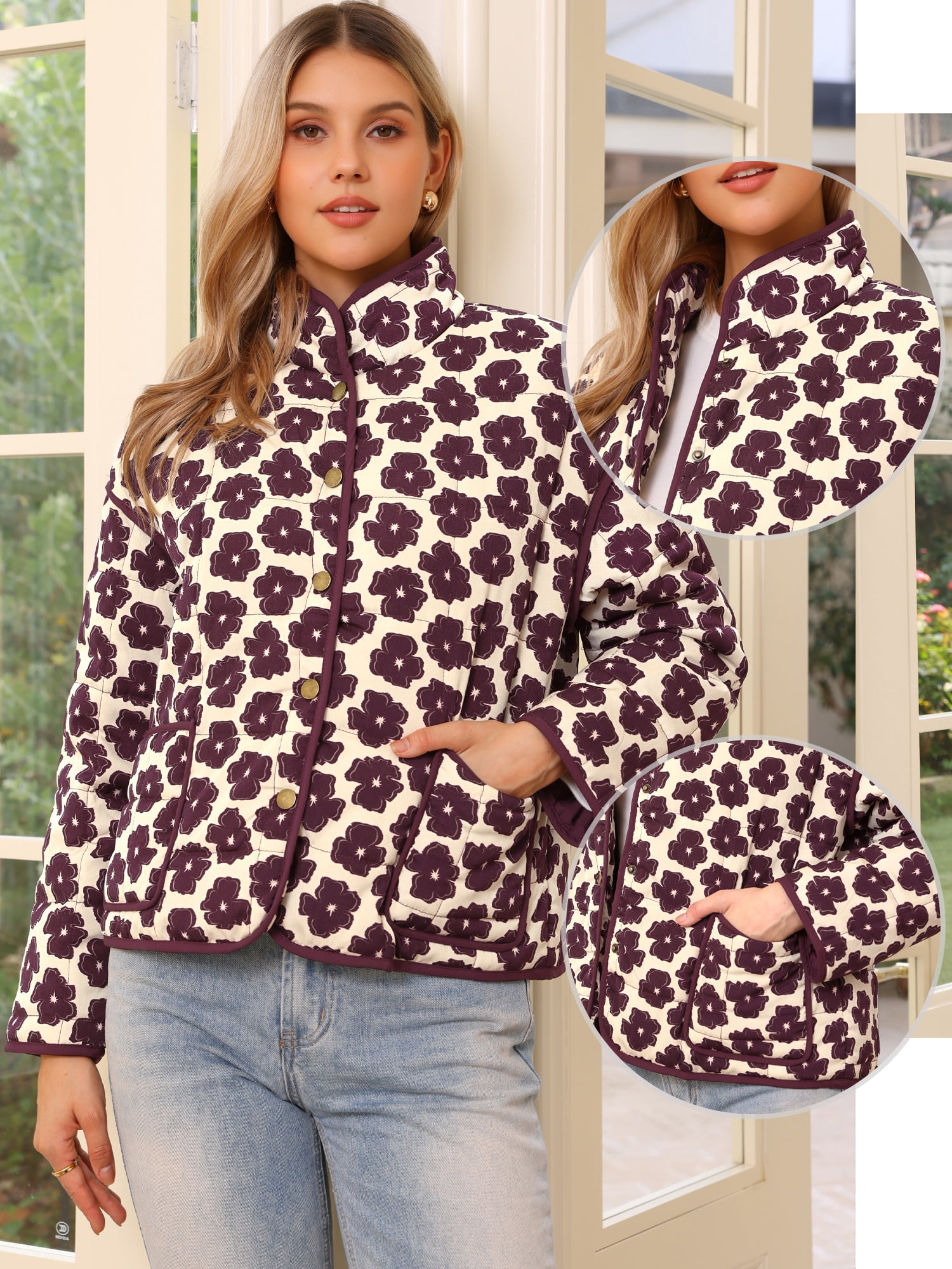 DARING DIVA Women's Cropped Puffer Quilted Floral Button Front Jacket XS Beige