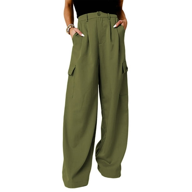 Fashion (Black)Women Cargo Pants Side Flap Pocket Trousers Solid Color  Elastic Waist Wide Leg Female Pants