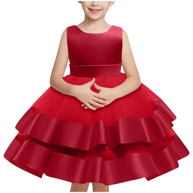 Huvoen Robe de Princesse pour Filles de 3 Ans Nouvelle Robe d'Été Sans Manches à Volants en Dentelle à Col Rond avec Broderie en Tulle Jupe Princesse à Nœud Rouge 2 Ans