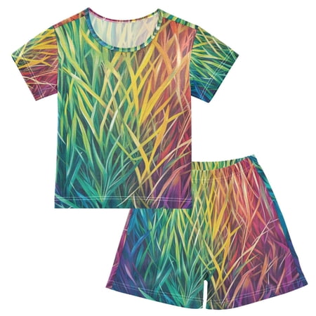 Rainbow Grass Pajamas Set Short Sleeves Sleepwear Top with Shorts Loose Fit Lounge Wear Unisex 5Y