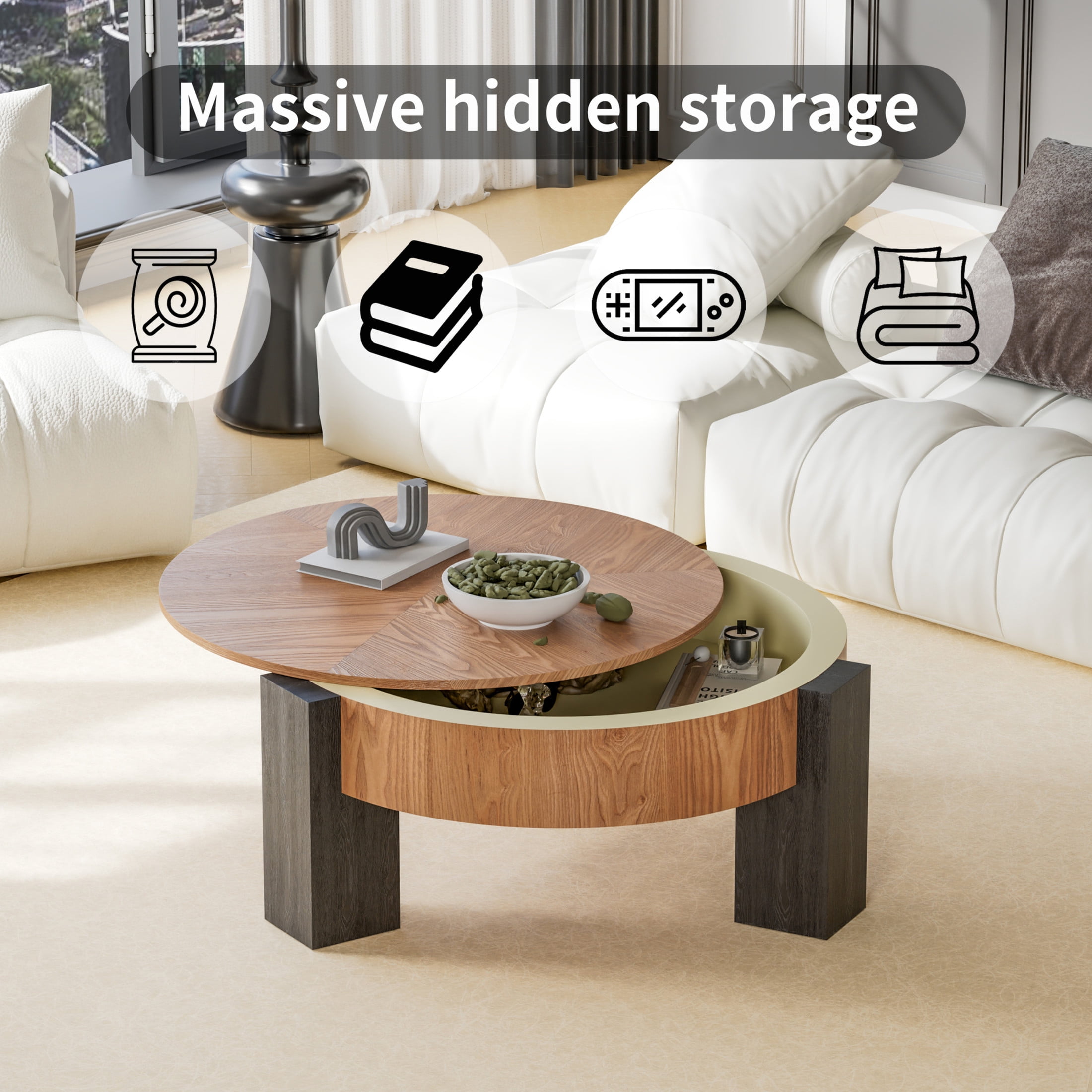 Noble House Lira 33" Round Coffee Table with Hidden Storage, Sturdy Accent Table for Living Room, Small Space, Natural