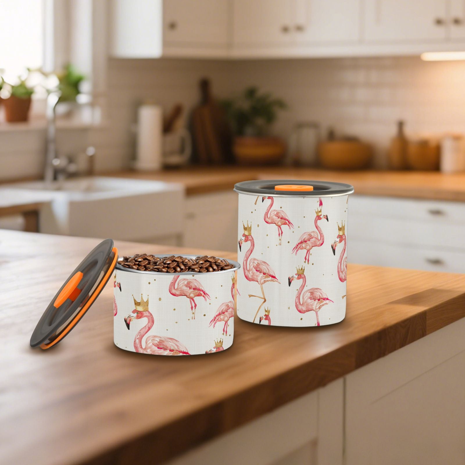 Pink Flamingo Crown Airtight Coffee Bean Canister 30oz Food Storage Containers with Lids For Gournd, Tea, Sugar, Flour, Rice, Cereal, Candy Cookie Jar