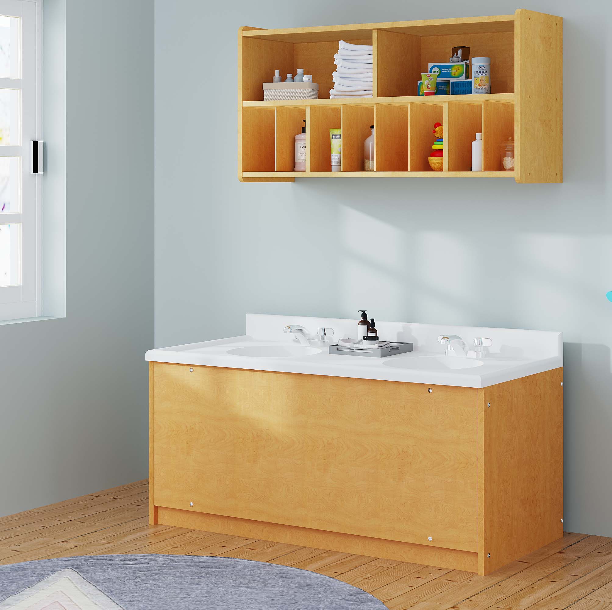 Tot Mate Children's Double Bowl Floor Vanity Sink, Low Height 24", School Bathroom Furniture (Maple)
