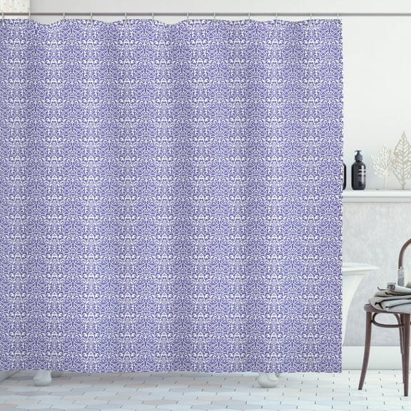 Asian Shower Curtain, Classical Pattern with Vintage Style Traditional Asian Motifs Damask Tile, Fabric Bathroom Set with Hooks, 69W X 84L Inches Extra Long, Lavender and White, by Ambesonne