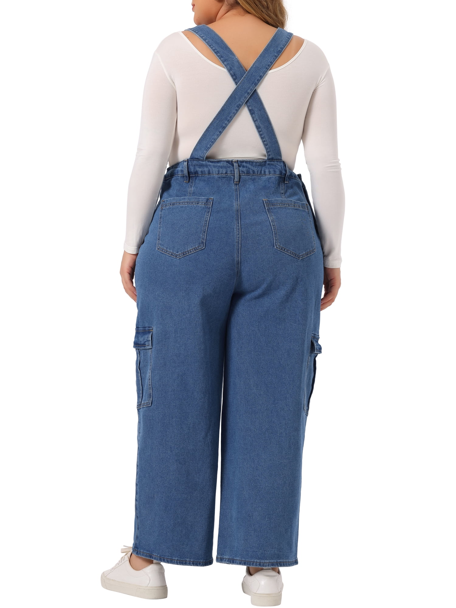 Unique Bargains Women's Plus Size Denim Overalls Bib Jeans Suspenders Jumpsuit 1X Mid Blue