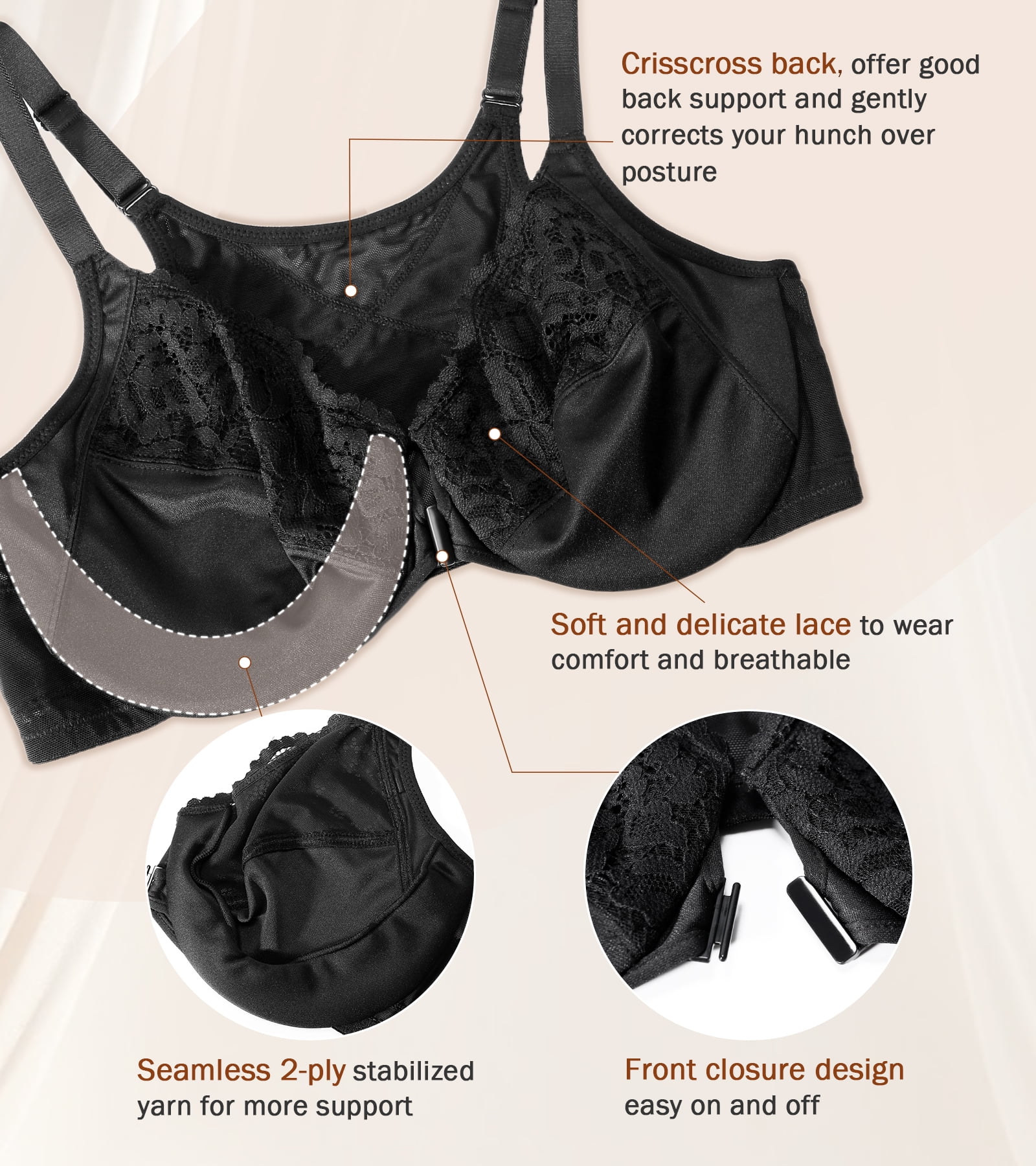 Exerin Women's Front Closure Non Padded Underwire Plus Size Posture Back Support Bra(40C,Black)