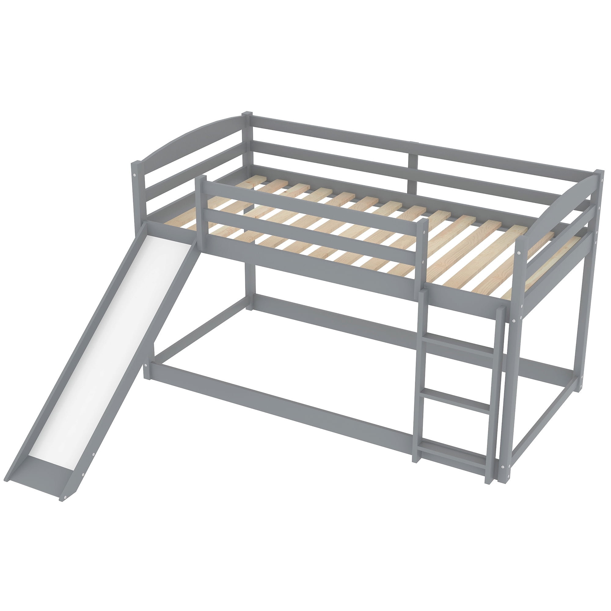 Euroco Solid Wood Kids Twin over Twin Bunk Bed with Slide and Ladder, Gray