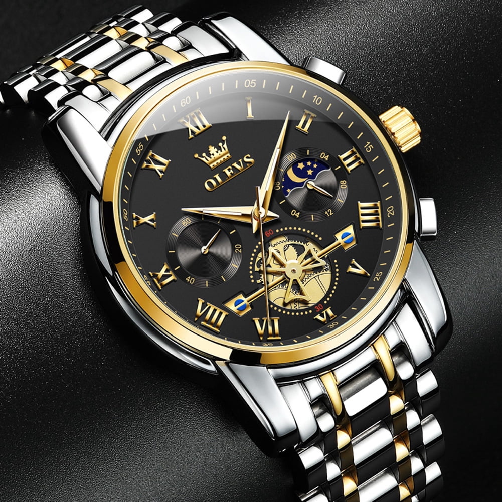 OLEVS Mens Watches Chronograph Business Dress Quartz Stainless Steel Waterproof Luminous Date Wrist Watch For Men Black Dial