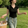 thumbnail image 2 of LNWUY Womens Short Sleeve Business Casual Tops Solid Color Slim Fit V Neck Dressy Blouses Trendy Style Collared Shirt Tees Black M, 2 of 5