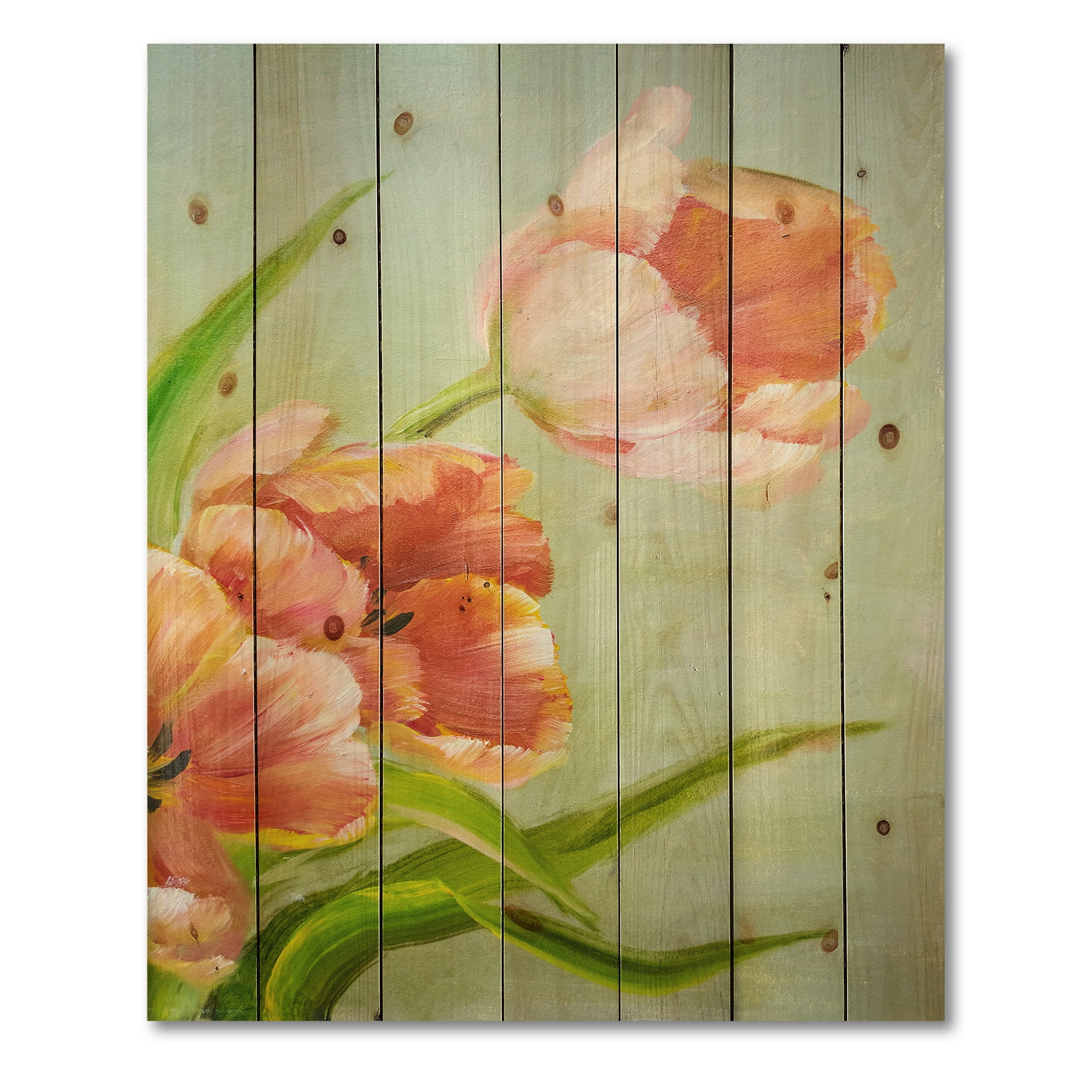 Designart 'Ancient Red Tulips Flowers I' Traditional Print on Natural Pine Wood