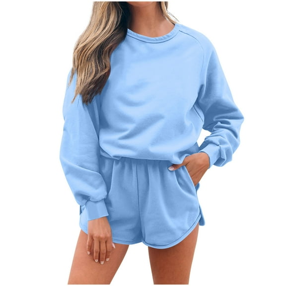snilers Sweatsuits Women 2 Piece Outfit Casual Solid Long Sleeve Crewneck Sweatshirt and Gym Shorts Matching Lounge Sets Fall Outfits L