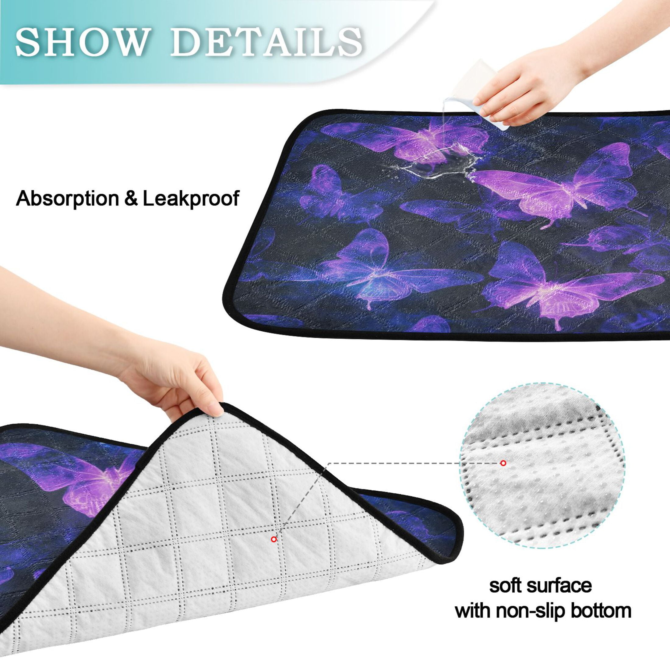 Washable Pet Pee Pads with Super Absorbent Reusable Training Pads for Dogs & Cats Purple Glowing Butterflies