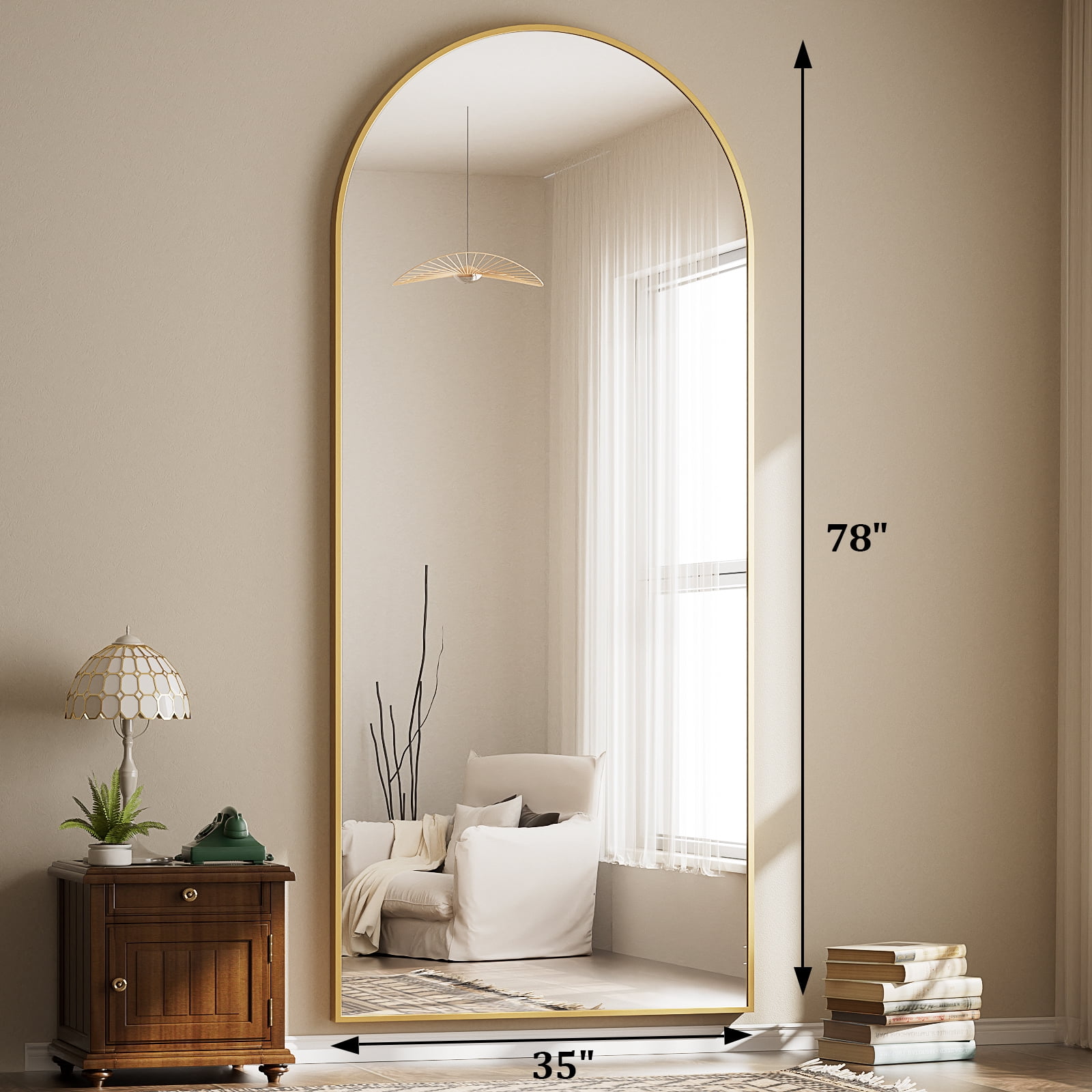 GRAHMCY 78"x35" Arched Full Length Floor Mirror Free-standing Mirror with Aluminum Alloy Frame, Gold