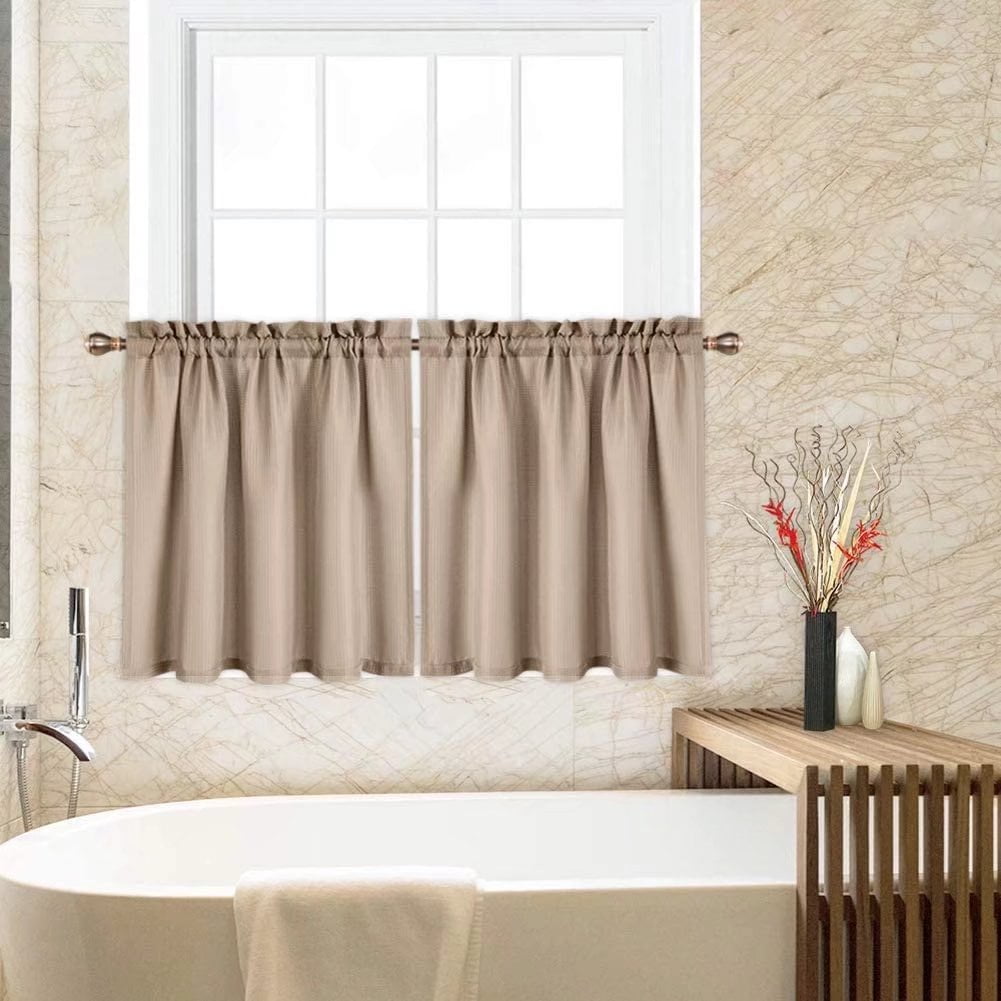 Haperlare Kitchen Curtain 30'W x 24'L Waffle Woven Textured Light Filtering Tier Curtains for Bathroom Cafe, Taupe, 2 Panels