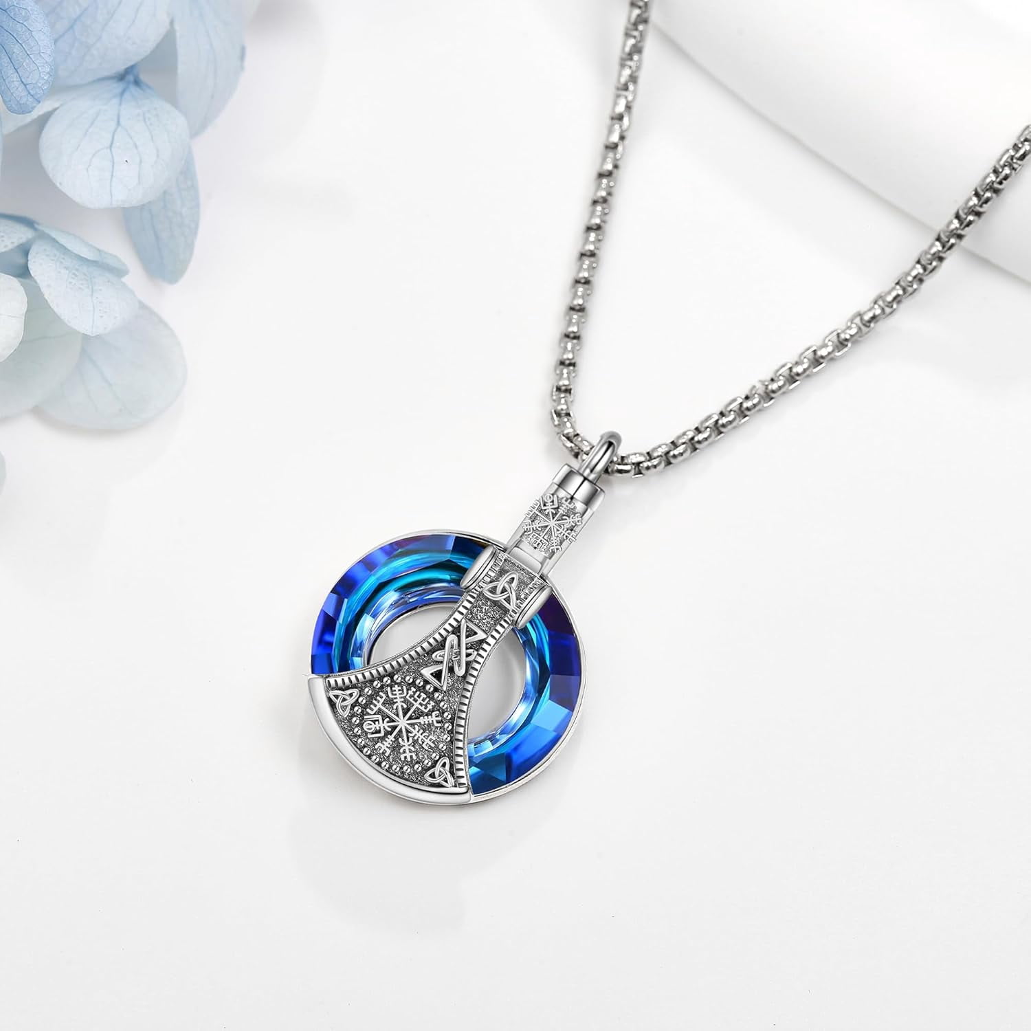 Urn Necklace for Men Sterling Silver Viking Axe Urn Necklace with Crystal Urn Keepsake Memorial Jewelry for Men