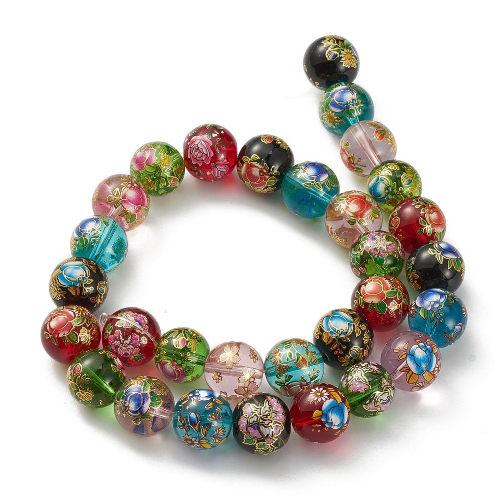 30pcs Flower Painted Handmade Lampwork Round Beads Colorful 14x13mm Hole: 1mm