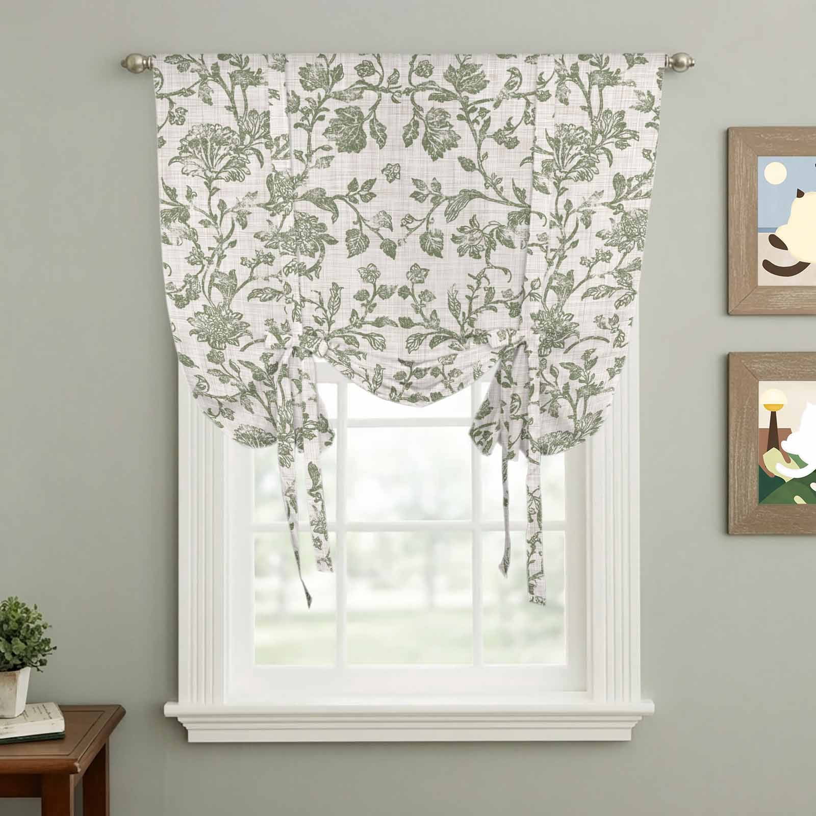 Pastoral Flowers Tie Up Curtains, Green Flower Vintage Linen Texture Adjustable Rod Pocket Balloon Curtains Light Blocking Window Treatment for Kitchen Living Room Bedroom, 34 × 45 In