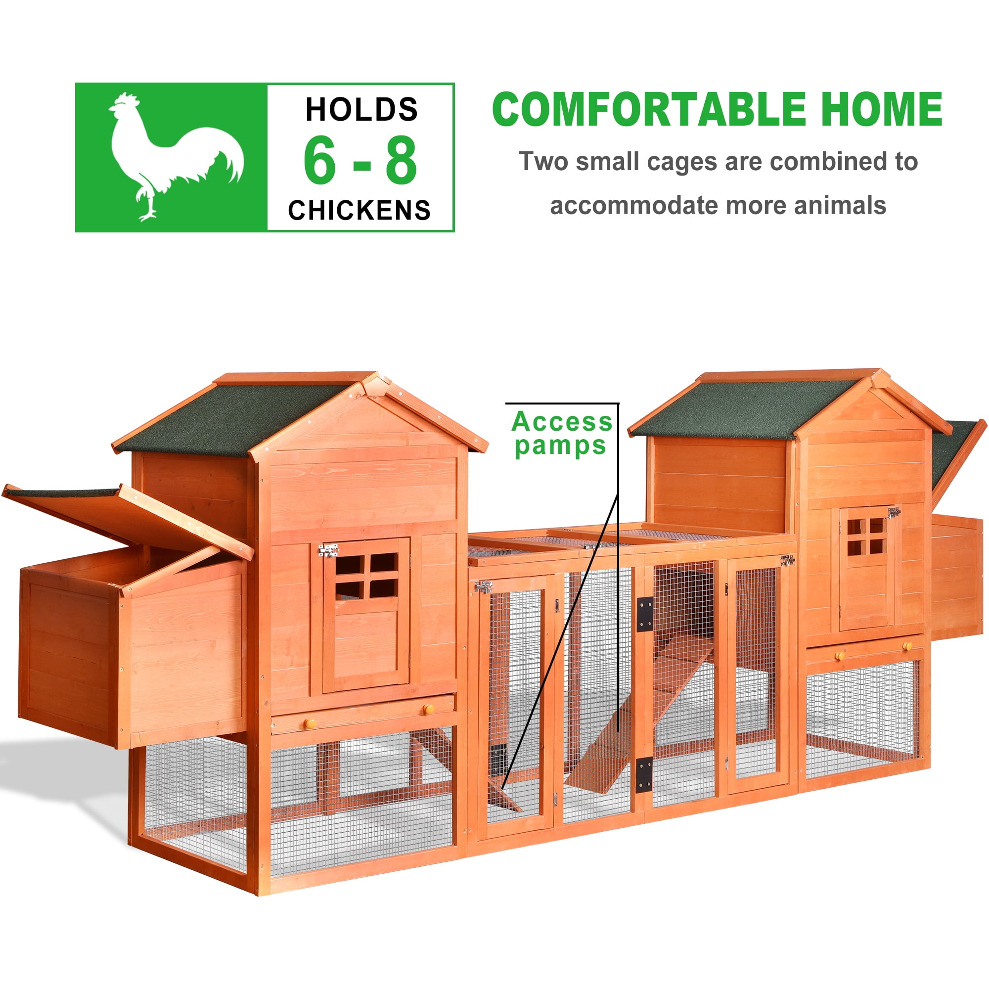 Pefilos 124" Outdoor Wooden Chicken Coop Nesting with Box Large Hen Cage with Removable Ramp Rabbit Hutches Garden Backyard Pet House, Orange Pefilos 124" Outdoor Wooden Chicken Coop Nesting with Box Large Hen Cage with Removable Ramp Rabbit Hutches Garden Backyard Pet House, Orange