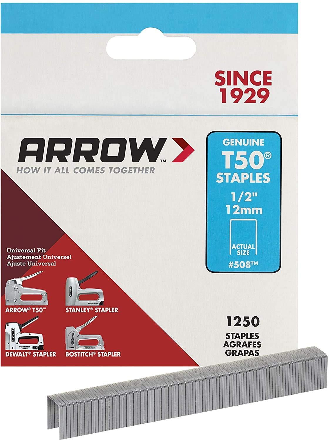 Arrow 508 Genuine T50 1/2-Inch Staples, 1,250-Pack 1/2'