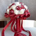 thumbnail image 3 of Ramo de rosas de satén hecho a mano, ramo de novia redondo para boda, ramo de flores artificiales, Color rojo vino, 3 of 4