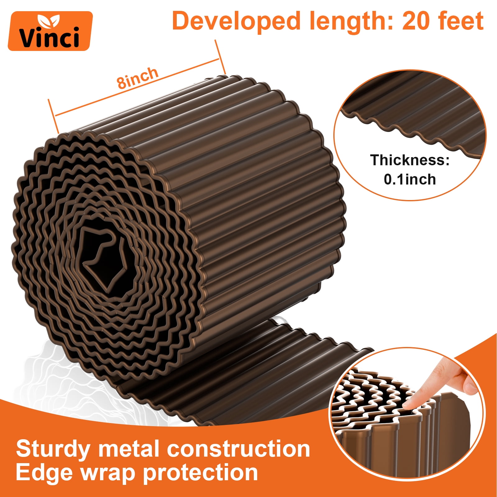 Vinci Garden Landscape Edging Border, 8 Inch x 20 FT Corrugated Sturdy Metal Easy Installation Safe Hemmed Lawn Garden Border Edges for DIY Flower Beds,Pathways and Patio Design (Coffee)