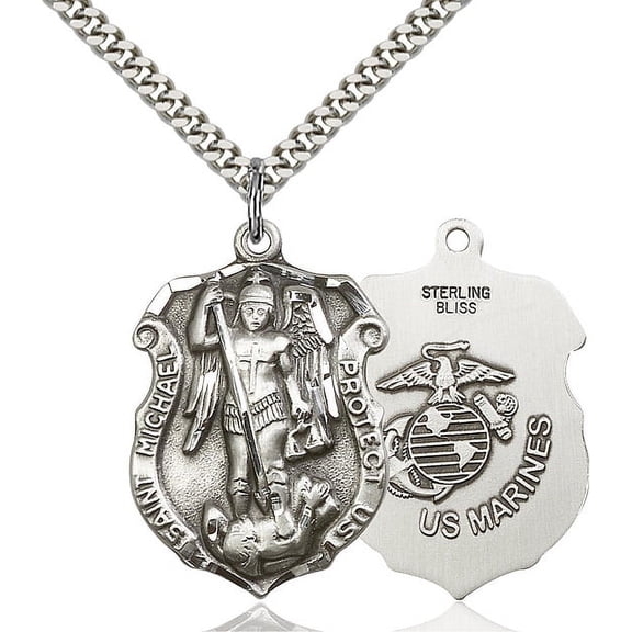 Sterling Silver St. Michael Pendant 1 1/4 x 7/8 inches with Heavy Curb Chain