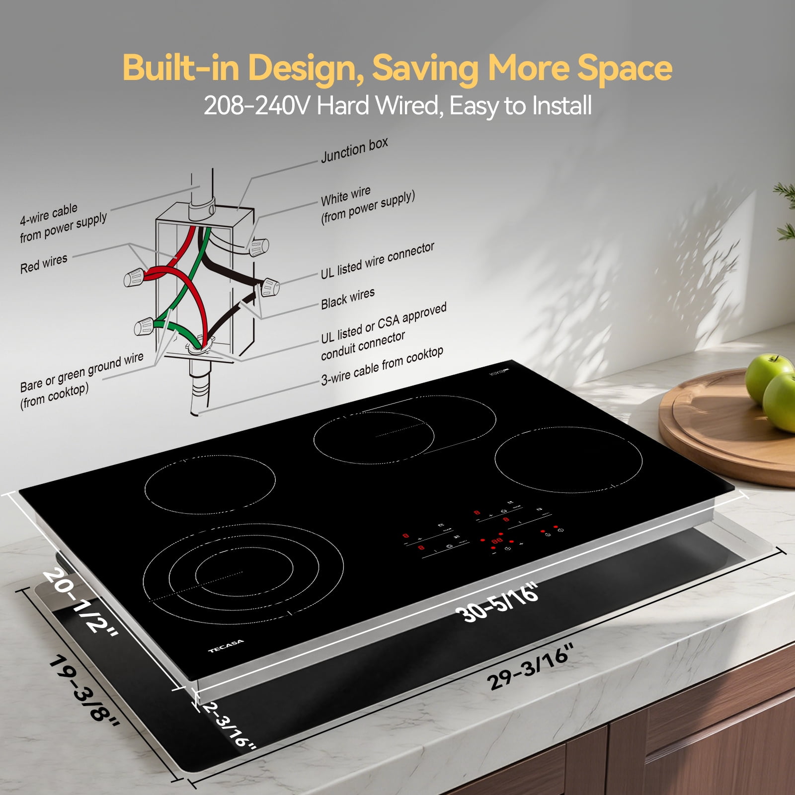 Tecasa 30 Inch 4 Burners Radiant Electric Cooktop in Black with Bridge Element and Triple Ring Element Touch Control