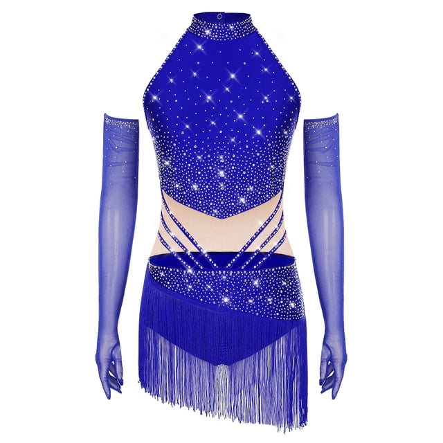 Aiihoo Robe de Danse Latine à Franges pour Femmes Jazz Tango Rumba Justaucorps de Gymnastique avec Gants Bleu Royal S