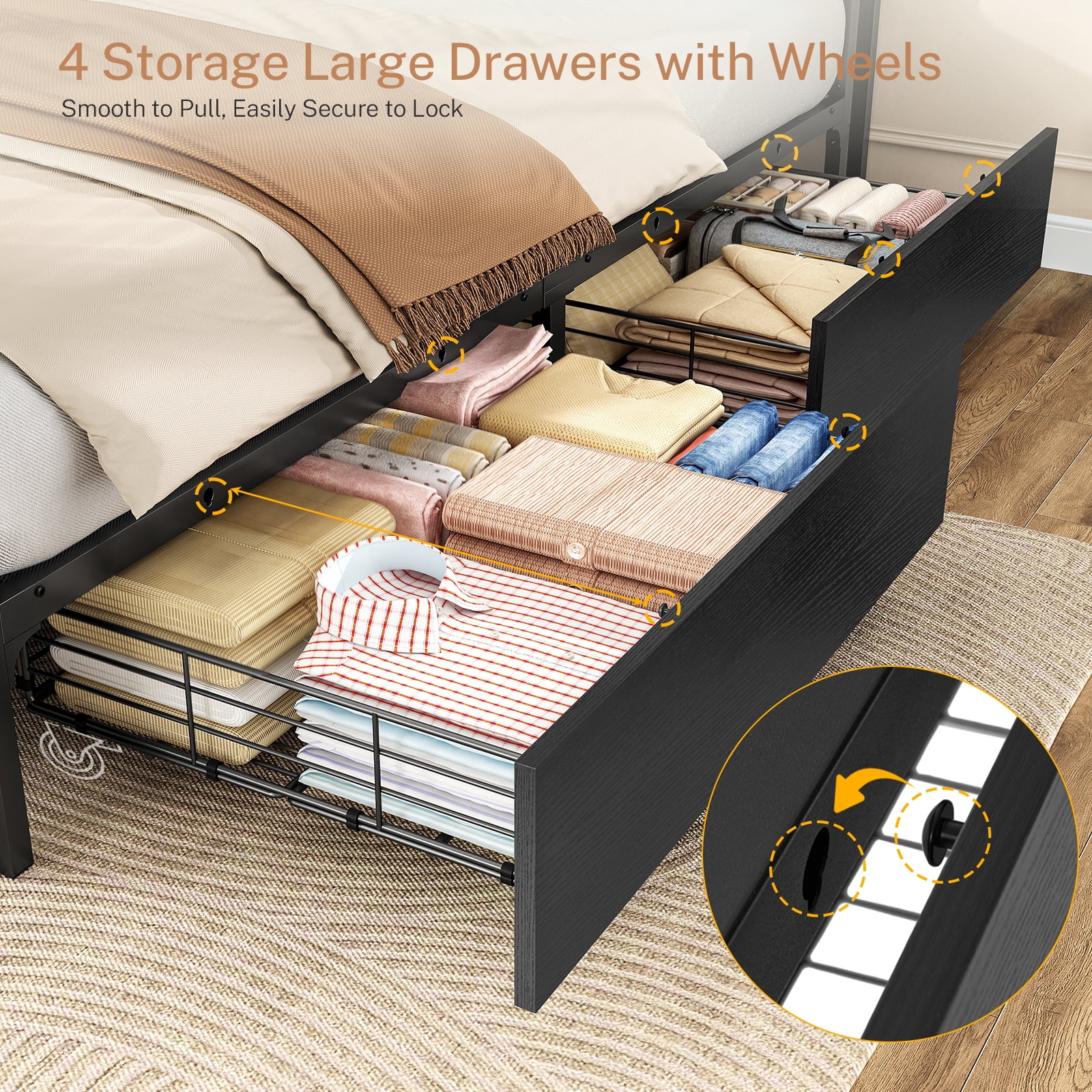 Queen Bed Frame with Charging Station & LED Lights, Bed Frame Queen Size with 4 Storage Drawers, Upholstered Headboard with Shelves, Black, Noise Free