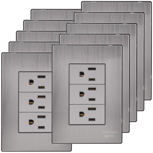 Enchufe de Pared Moderno Inoxium3CSilver 10Pzas Contactox3 125-250VCA 15A 50/60Hz Plateado Acero Inoxidable/PC.