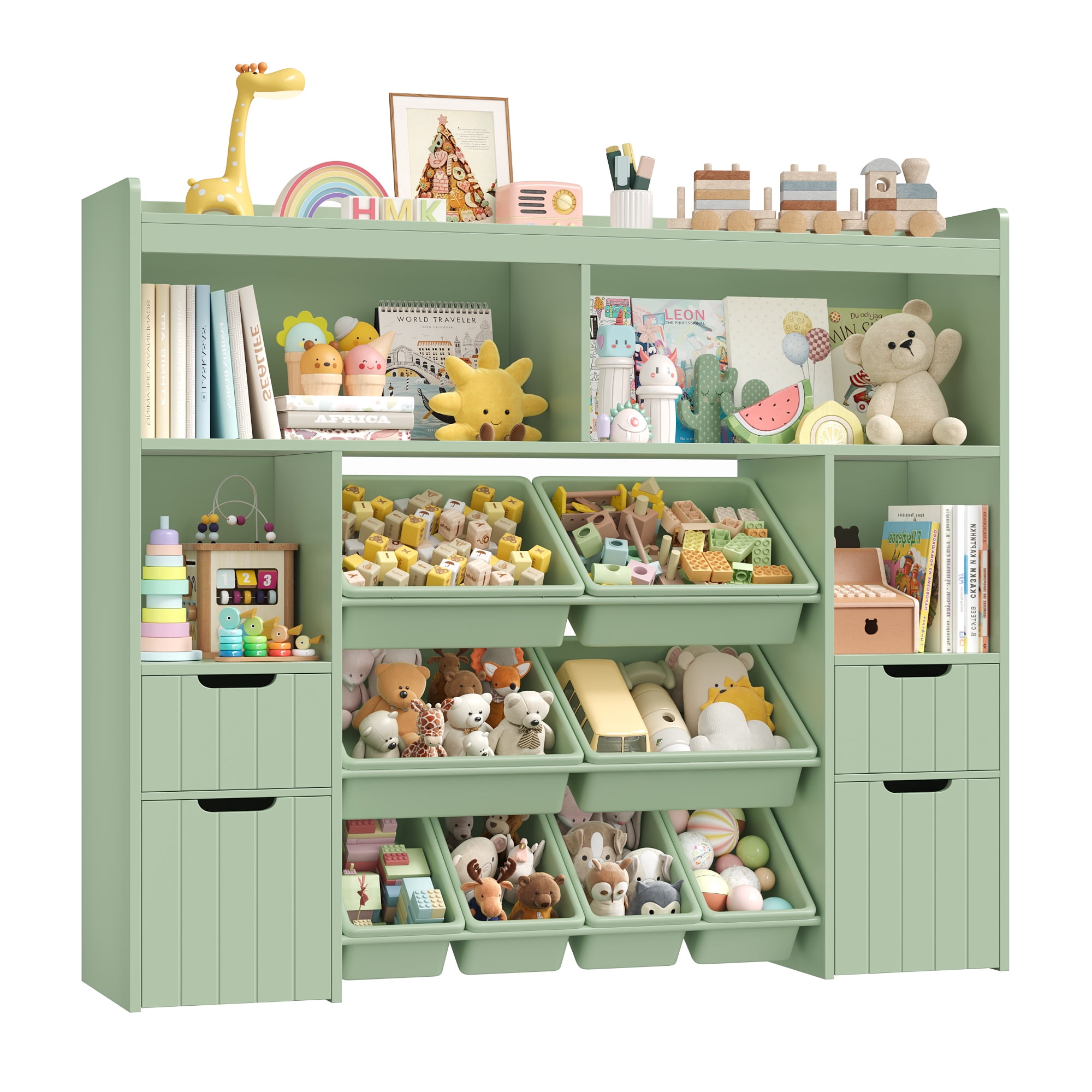 Homfa Kids Toy Storage Organizer with Removable Bin, Kids Bookshelf and Bookcase Toy Box with Drawers for Playroom, Classroom, Green