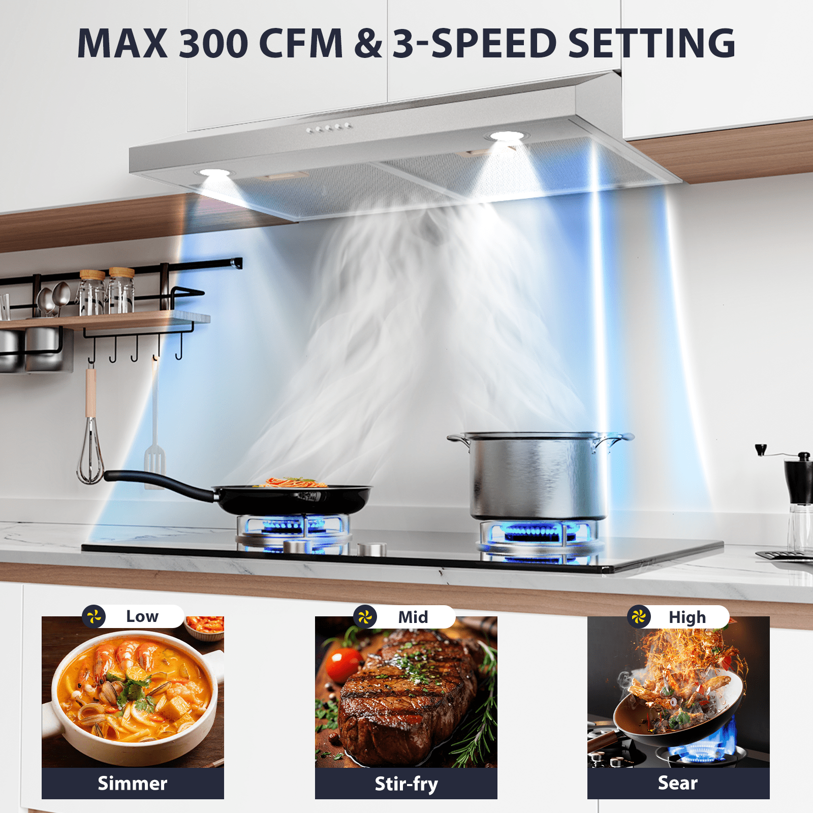 Nardea 30 Inch Under Cabinet Range Hood, 300 CFM Brushed Stainless Steel Kitchen Exhaust Fan with 3-Speed Quiet Motor, Ducted/Ductless Convertible Stove Vent Hood with LED Lights and Filters