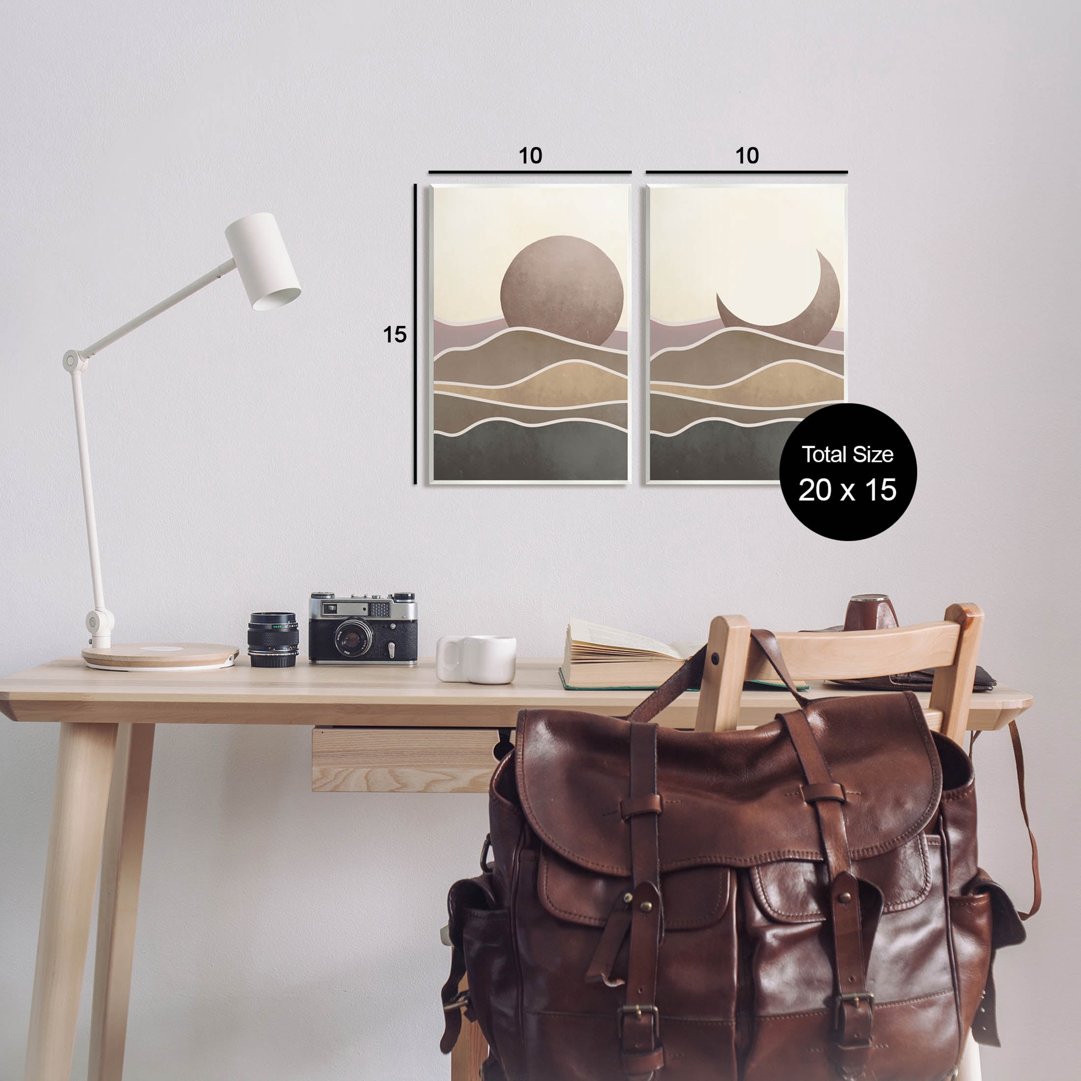 Neutral Toned Landscape Sun Moon Landscape Graphic Art Unframed Art Print Wall Art, Set of 2