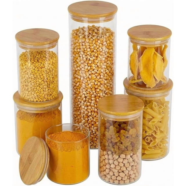 Tarros de cristal para almacenar alimentos, pack de 7 recipientes de cocina con tapas herméticas de bambú para pasta, galletas, frutos secos, café en grano, cereales, juego de botes para harina