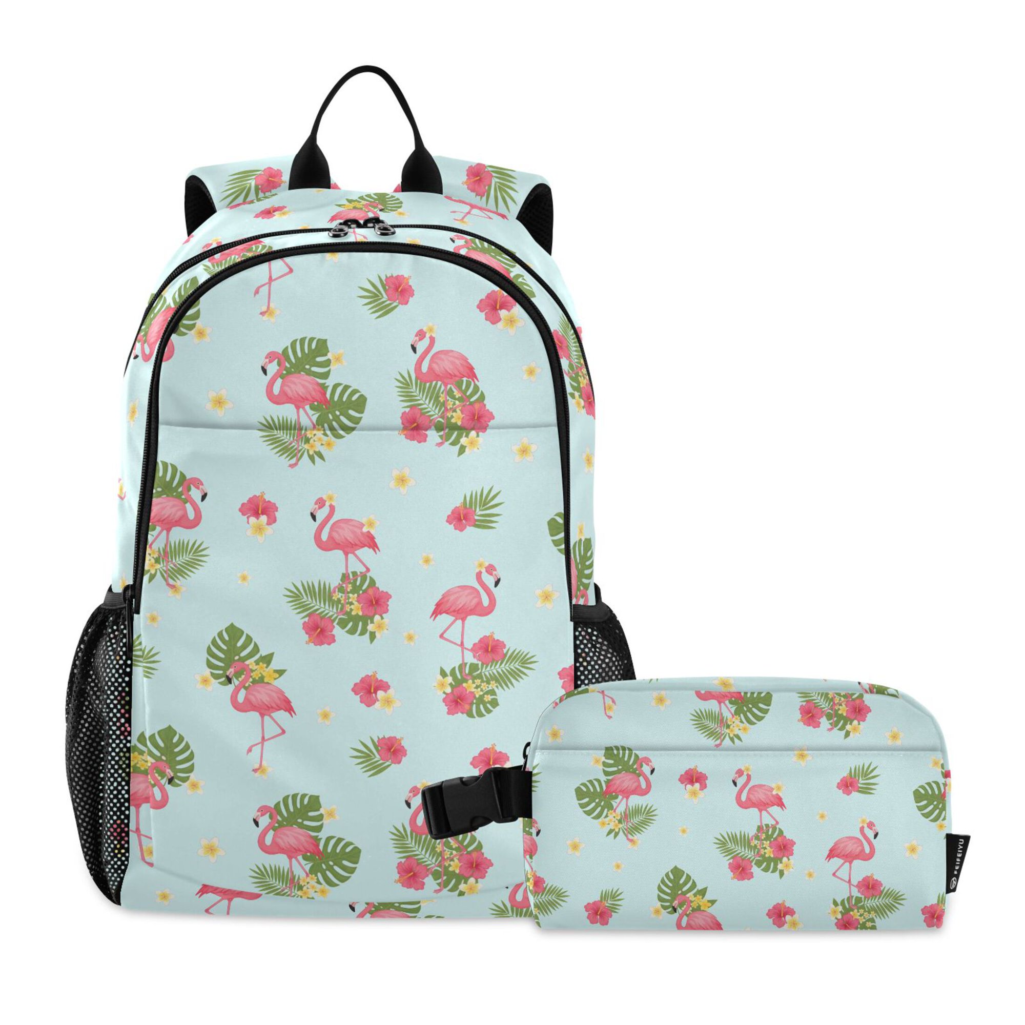ALAZA Flamingo Hibiscus Palm School Backpack Lunch Box Set Student Bookbag